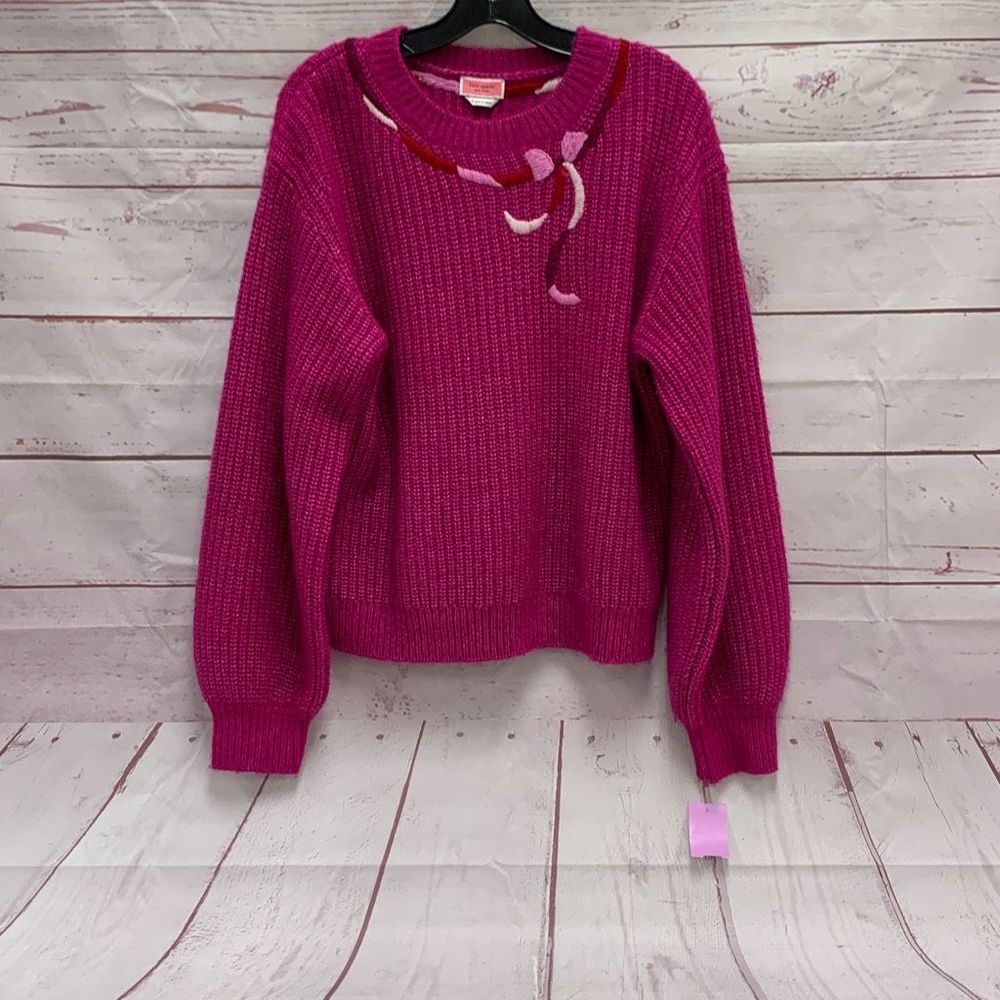 Kate Spade Women’s Large Fuchsia Wool Pullover Sweater Bow Ribbon Vintage
